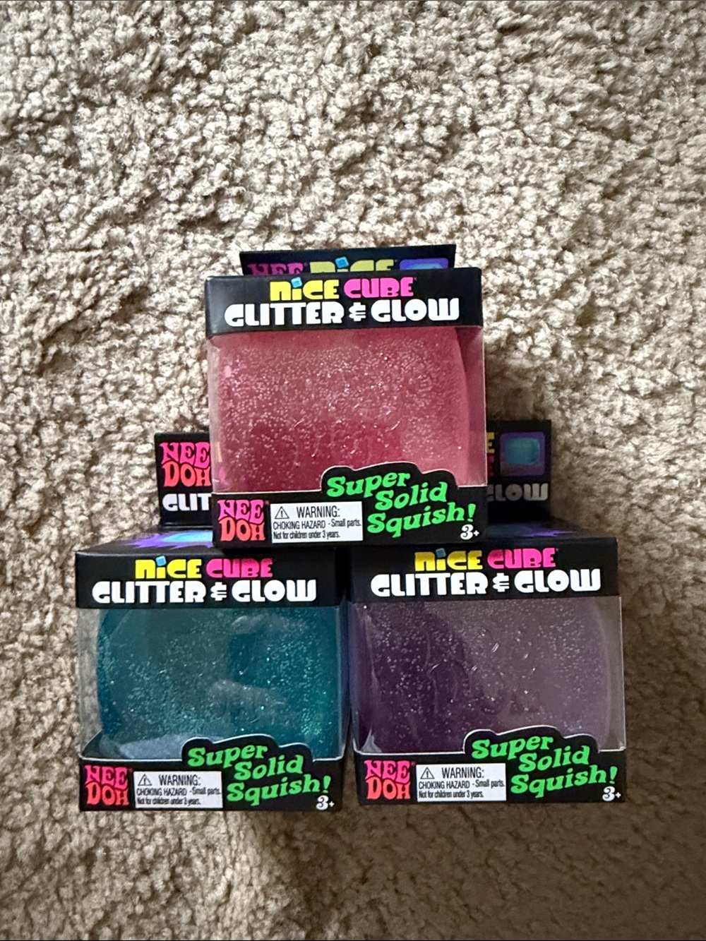 Nee Doh Nice Cube Glitter & Glow Set - Teal, Pink, Purple